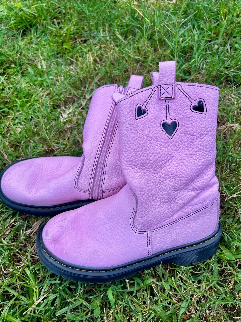 Dr Doc Martens Bex Heart Pink pull on Chunky Cowgirl Boots Sz 2 Girls